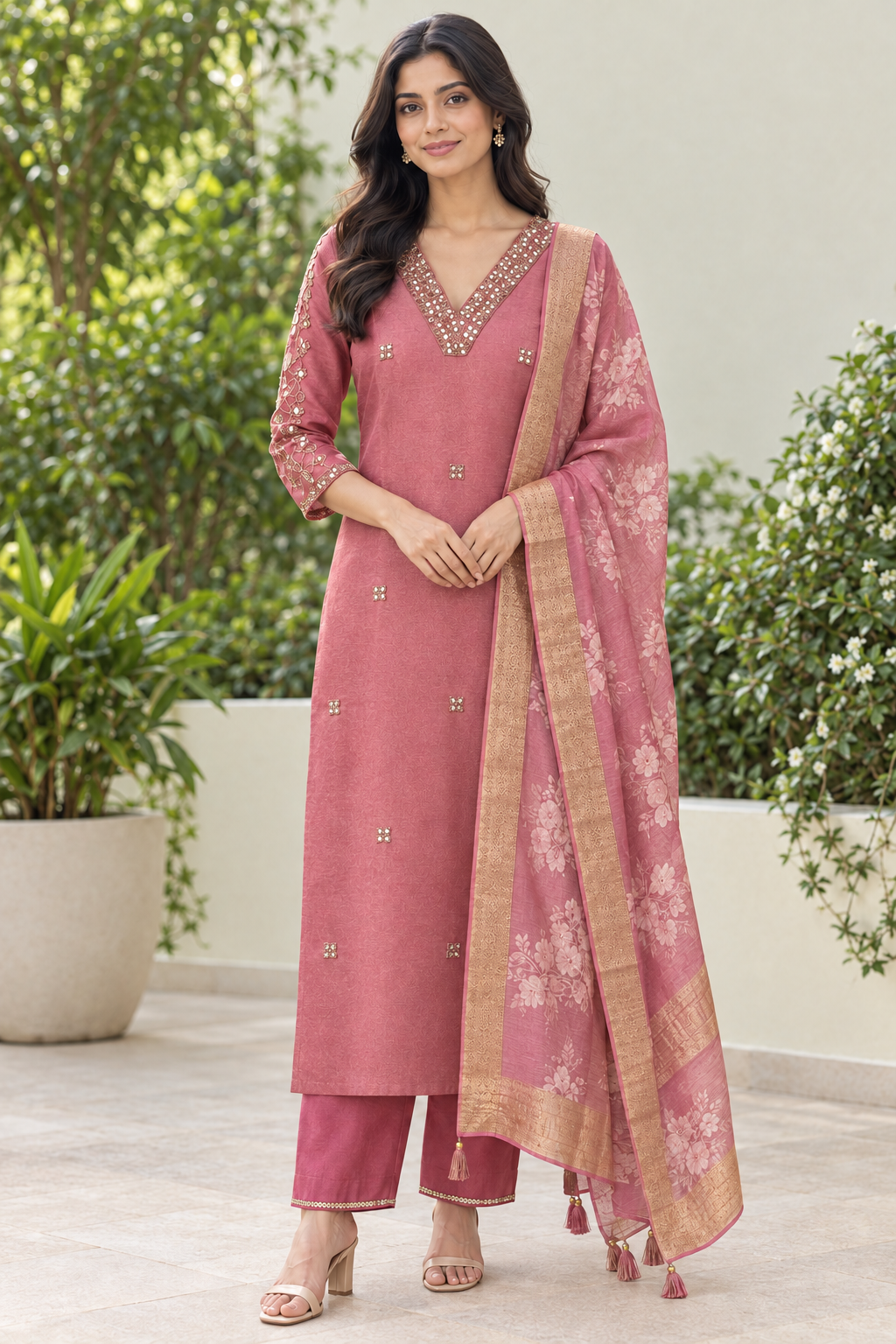 Pink pure tissue shimmer kurta suit set with kolkata handwork